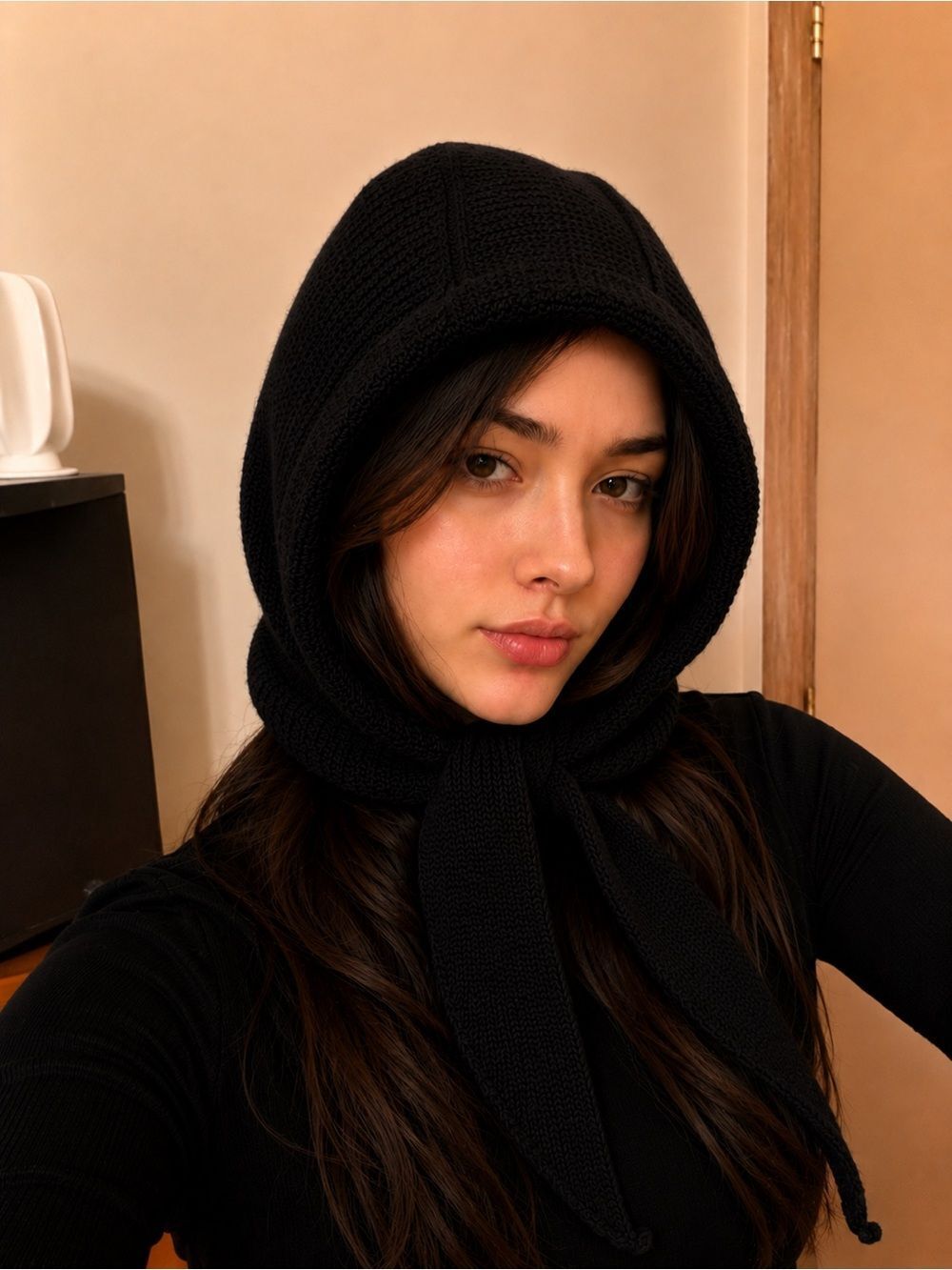 Knitted Winter Balaclava Thickened One-Piece Scarf Cap Hooded Y2K One Size Black